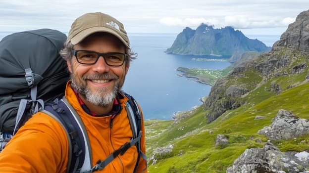Travel, hiking, adventure, traveler hiker bearded mature man taking selfie with phone standing on green cliff mountain with view coast looking at camera
