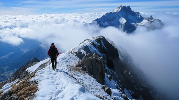 Travel, hiking, adventure, back view of traveler hiker man walking on top of snowy mountain looking in to the distance at range, winter scenic landscape