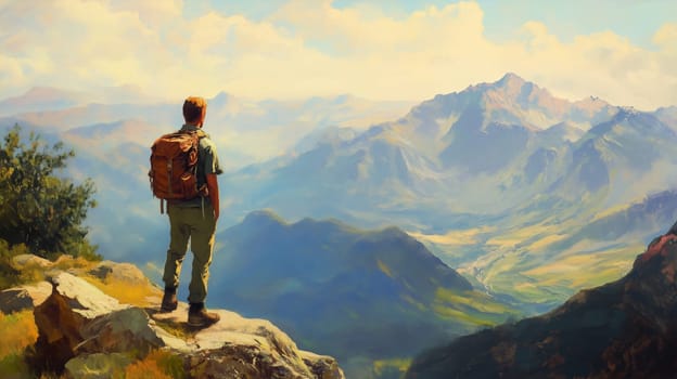 Travel, hiking, adventure, painting of traveler hiker man standing on top of mountain looking in to the distance at range, summer scenic landscape
