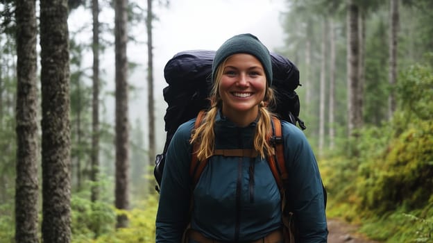 Travel, hiking, adventure, portrait of happy traveler hiker young woman with backpack stands in wild forest looking at camera