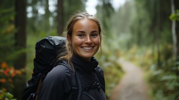 Travel, hiking, adventure, portrait of happy traveler hiker young woman with backpack stands in wild forest looking at camera