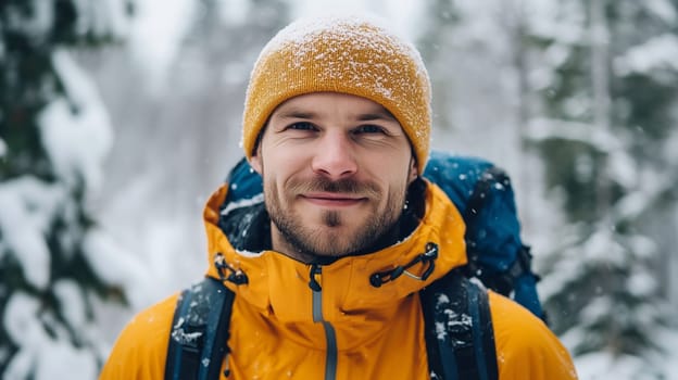 Travel, hiking, adventure, portrait of happy traveler hiker young man in jacket stands on top of snowy mountain looking at camera