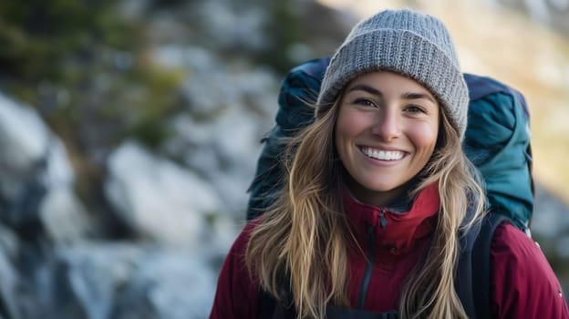 Travel, hiking, adventure, portrait of happy traveler hiker young woman in jacket stands in snowy mountains looking at camera