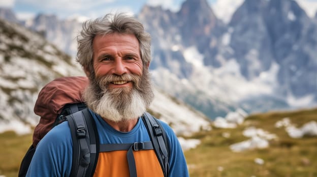 Travel, hiking, adventure, portrait of happy traveler bearded senior man hiker with backpack stands against view of snowy mountains, looking at camera