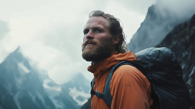Travel, hiking, adventure, portrait of traveler hiker young man in jacket stands on top of mountain looking away