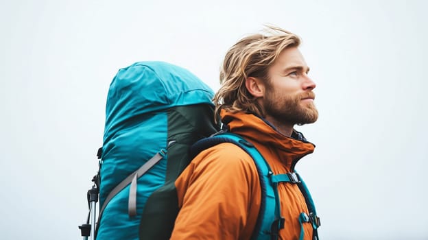 Travel, hiking, adventure, portrait of traveler hiker young man in jacket stands on top of mountain looking away, side view