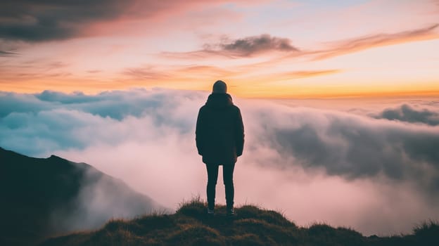 Travel, adventure landscape background, back view of inspired traveler man standing on top of stunning mountain looking huge soft clouds at sunset, sky, horizon, sunlight