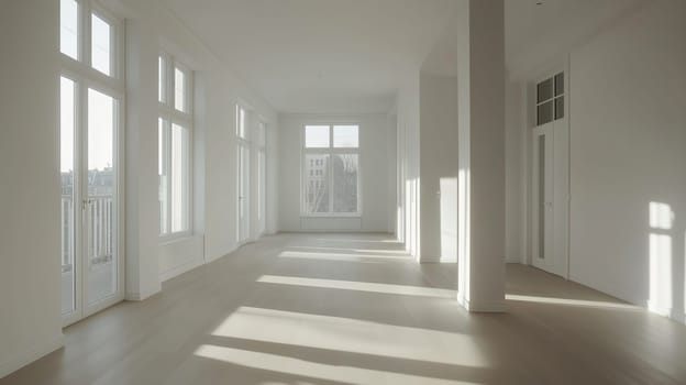 White bright new empty interior in simple minimalistic scandinavian style with sunlight in the windows, office or apartment