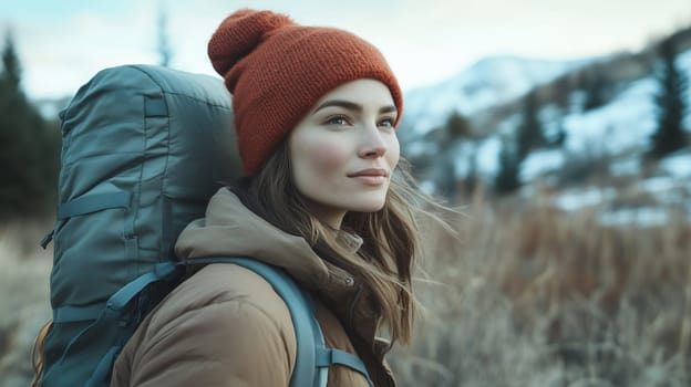 Travel, hiking, adventure, portrait of traveler hiker young woman in jacket with backpack stands in snowy mountains looking away