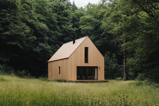 Modern cozy residential wooden house with big window in a picturesque summer green forest surrounded by lush trees, simple architecture