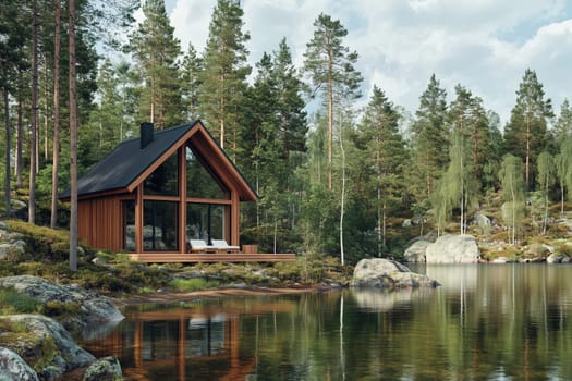 Peaceful modern wooden cabin with large window in forest with pine trees on the edge of a tranquil lake. Relaxation and connecting with nature