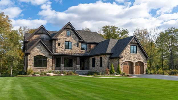 Grand luxurious stone estate house with green lawn backdrop of trees