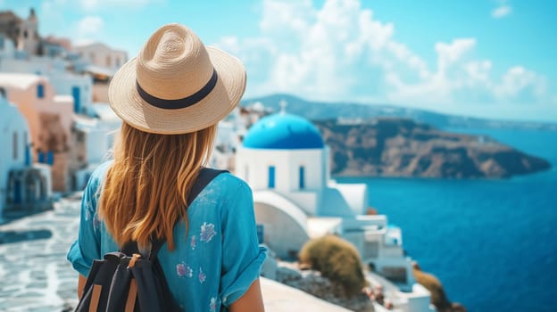 Summer vacation, back view of traveler woman wearing a straw tourist hat enjoying landscape view of white houses and blue sea of Greece on a sunny day