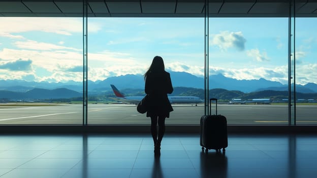 Silhouette woman traveler passenger standing at airport with luggage and looking out the window at airplane waiting at boarding gate to depart for summer vacation or business trip