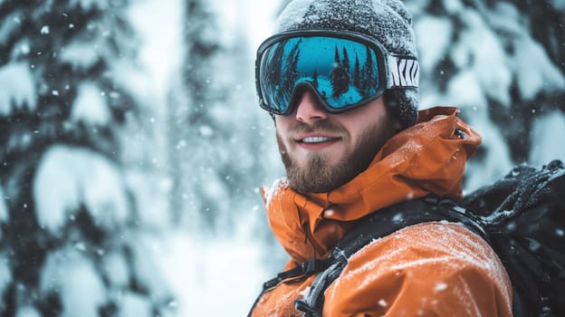 Snowboarding, extreme, winter sport. Portrait of snowboarder or skier man in an orange jacket and snow goggles and backpack looks away enjoys a snowy day on the mountain with trees