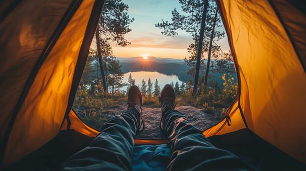 Travel, adventure, camping, relaxed scenic view from tent with traveler legs boots to mountain forest with lake and pine trees at sunset for background