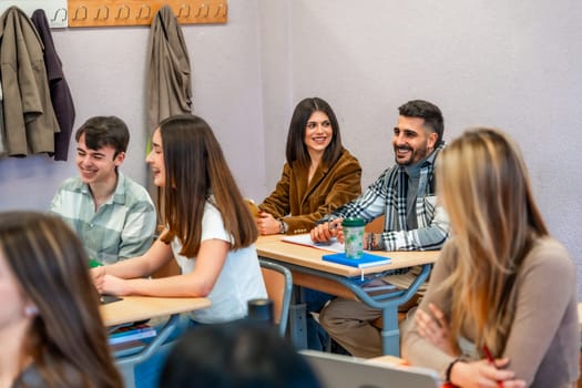 Cheerful university students enjoying their time in the classroom, actively participating and engaging in the learning process