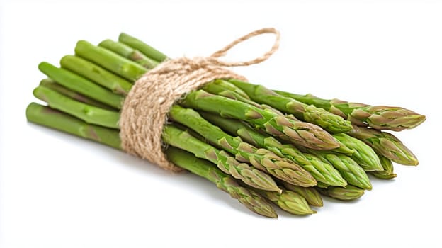 Fresh asparagus spears are tied with twine on a white background, ready for culinary use