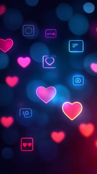Neon hearts and social media icons float against a dark, blurred background, representing online love, connection, and engagement