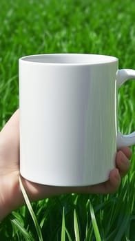 White mug presented on green grass background, perfect for showcasing your designs