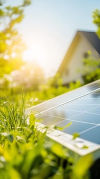 Solar panel generating clean energy in front of a house during a sunny day, sustainable energy concept.