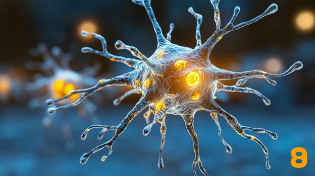 Dendritic cell activating immune response, microscopic close-up view.