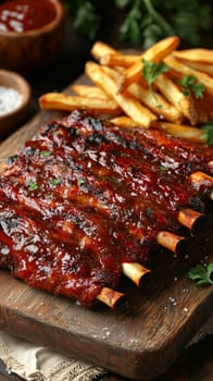 Grilled pork ribs with barbecue sauce served with french fries on a wooden cutting board, creating a rustic and appetizing culinary scene