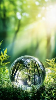 Crystal ball reflecting lush green forest in sunlight, showing concept of environmental conservation