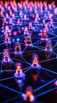 Interconnected glowing figures represent social network, communication, and online community