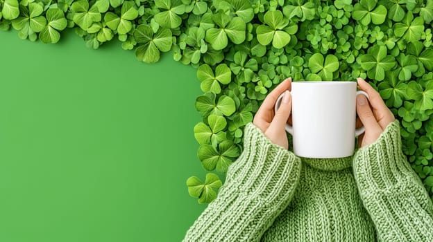 Woman wearing green sweater holding white mug with shamrock background for saint patrick's day celebration