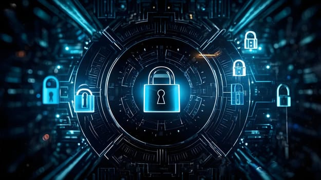 Futuristic visualization of secure technology infrastructure featuring illuminated data servers and a glowing security lock symbol in a modern data center. Cyber Security Background