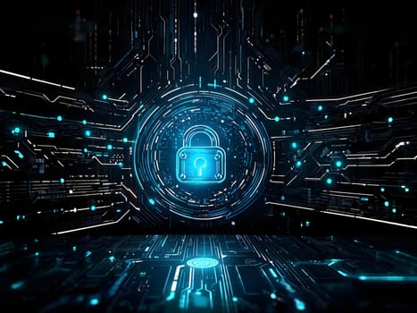 Futuristic visualization of secure technology infrastructure featuring illuminated data servers and a glowing security lock symbol in a modern data center. Cyber Security Background
