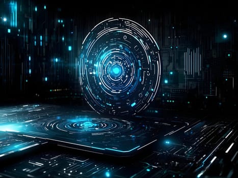 Futuristic visualization of secure technology infrastructure featuring illuminated data servers and a glowing security lock symbol in a modern data center. Cyber Security Background