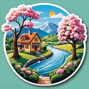 Spring house green trees sticker mountain river garden illustration . High quality 3d illustration