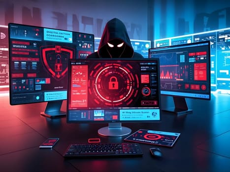 Futuristic visualization of secure technology infrastructure featuring illuminated data servers and a glowing security lock symbol in a modern data center. Cyber Security Background