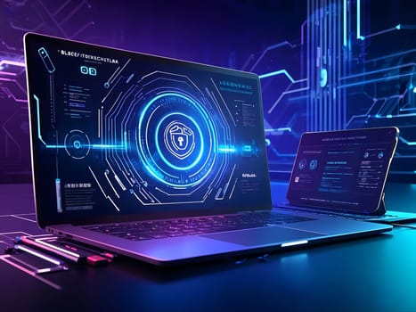 Futuristic visualization of secure technology infrastructure featuring illuminated data servers and a glowing security lock symbol in a modern data center. Cyber Security Background
