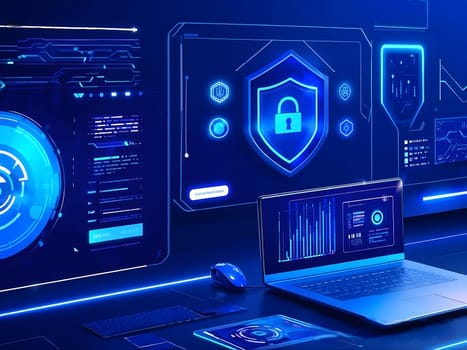 Futuristic visualization of secure technology infrastructure featuring illuminated data servers and a glowing security lock symbol in a modern data center. Cyber Security Background