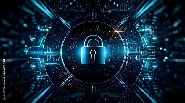 Futuristic visualization of secure technology infrastructure featuring illuminated data servers and a glowing security lock symbol in a modern data center. Cyber Security Background