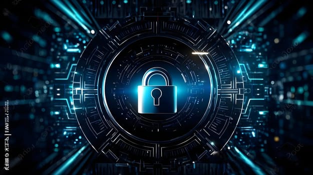 Futuristic visualization of secure technology infrastructure featuring illuminated data servers and a glowing security lock symbol in a modern data center. Cyber Security Background