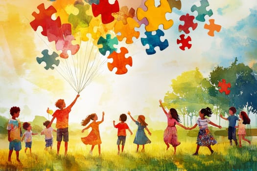 illustration of children kids with puzzle balloons. autism awareness concept..