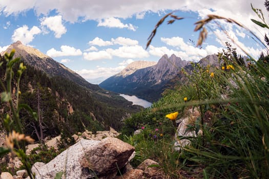 panoramic view of a mountain range with a lake in the valley, the sky is blue and the grass is green
