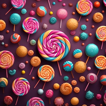 A vibrant assortment of colorful lollipops in various shapes, featuring swirls and patterns against a bright purple background. Small cupcakes and hard candies add to the festive, cheerful atmosphere.