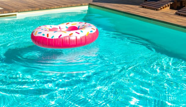 Pink inflatable donut-shaped float in turquoise swimming pool with wooden deck in sunny backyard
