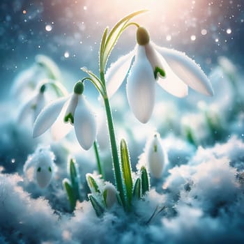 Macro photography of snowdrops in glistening snow, enveloped in frost and soft light. A wintery natural idyll with delicate, filigree details. Winter flower.