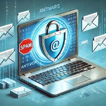 3D representation of a laptop with email security icon surrounded by digital icons. Concept for data protection, spam protection and cyber security.