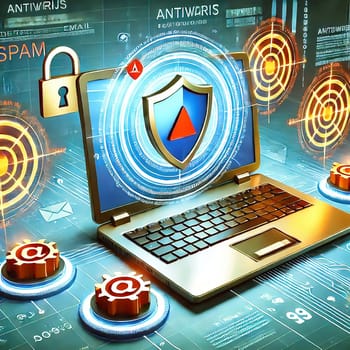 3D representation of a laptop with email security icon surrounded by digital icons. Concept for data protection, spam protection and cyber security.