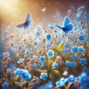 Blooming meadow with blue forget-me-not flowers and two butterflies in the sunlight. Dreamy spring or summer landscape in bright colors.