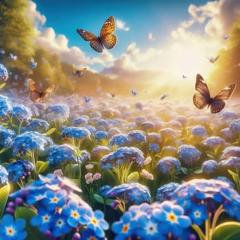Blooming meadow with blue forget-me-not flowers and two butterflies in the sunlight. Dreamy spring or summer landscape in bright colors.