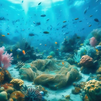 Plastic waste on the seabed in the reef. Fish mortality and pollution of the oceans. Nature pollution
