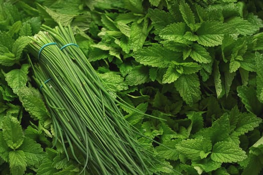 Freshly cut chives and mint leaves on display at herbs market